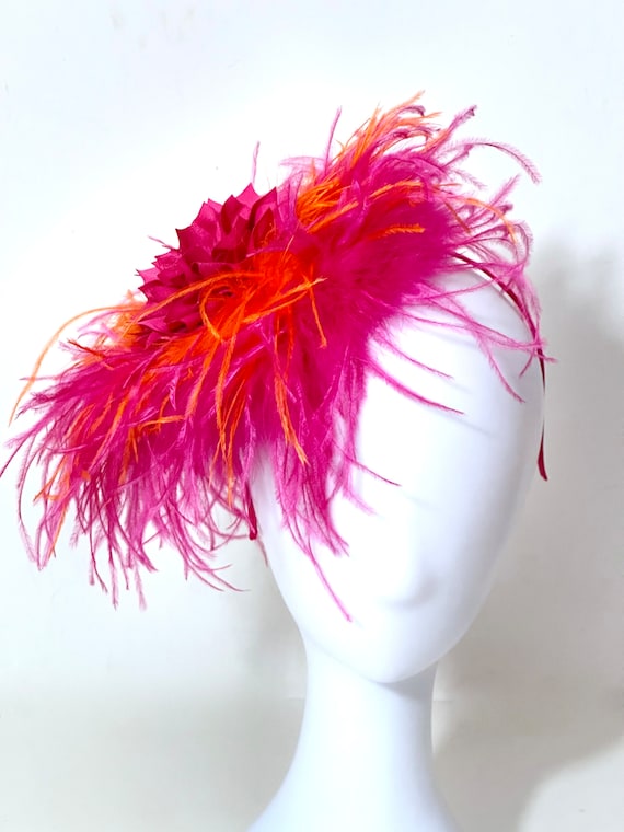 Pink Orange Derby Fascinator Hat, Ostrich Feather Hat Fascinator Hat, Kentucky Derby Fascinator Hat, Custom Pink Green Pink Orange Feather