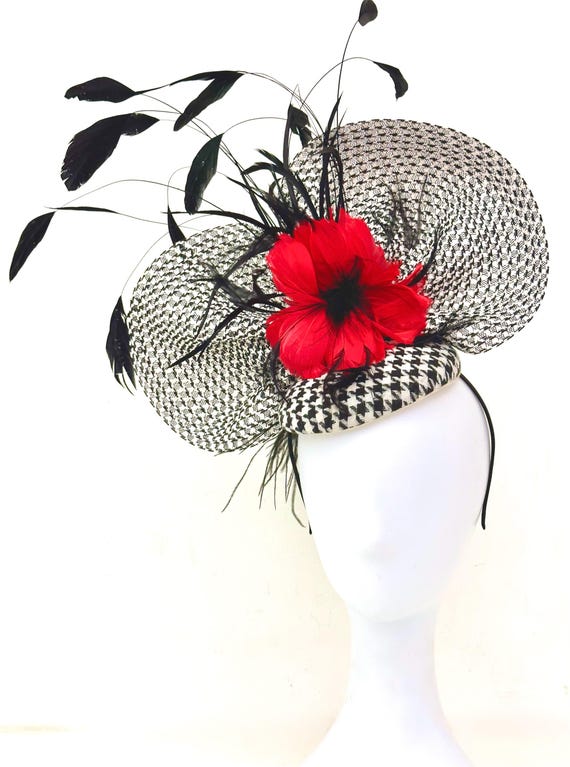 Black White Red Derby Fascinator Hat, Kentucky Derby Hat, Black Red Feather Fascinator Hat, Black White Tweed Hat, Church Wedding Tea Party