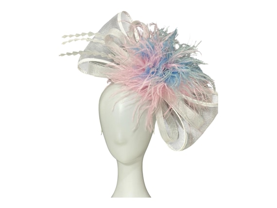 Bow Fascinator Hat, Blue White Feather Kentucky Derby Fascinator Hat, Garden Tea Party Hat, White Le Diner en Blanc Fascinator