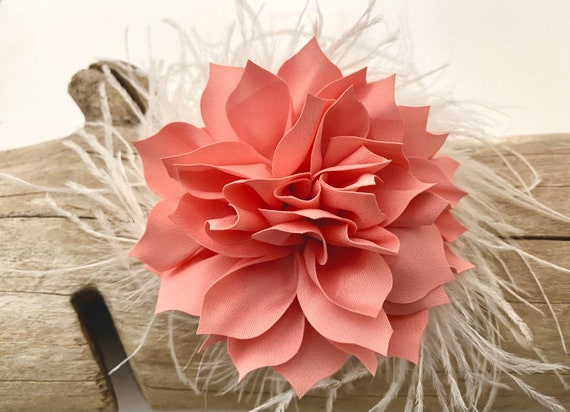 Coral, Peach, Champagne Beige, Blush, Dusty Rose, Taupe Flower Feather Clip, Wedding Bridal Flower Hair Clips, Wedding Headpieces