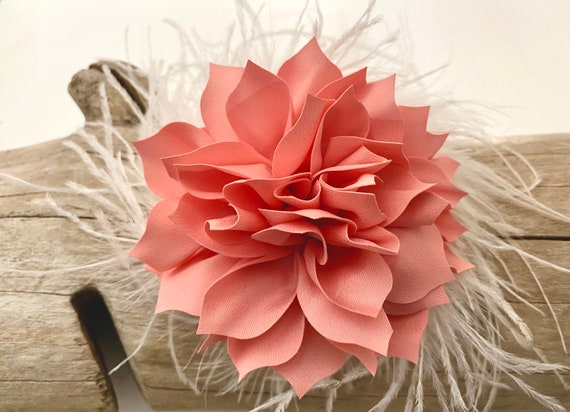 Coral Peach Champagne Beige, Blush, Dusty Rose, Taupe Flower Feather Clip, Wedding Bridal Flower Hair Clips, Wedding Headpieces