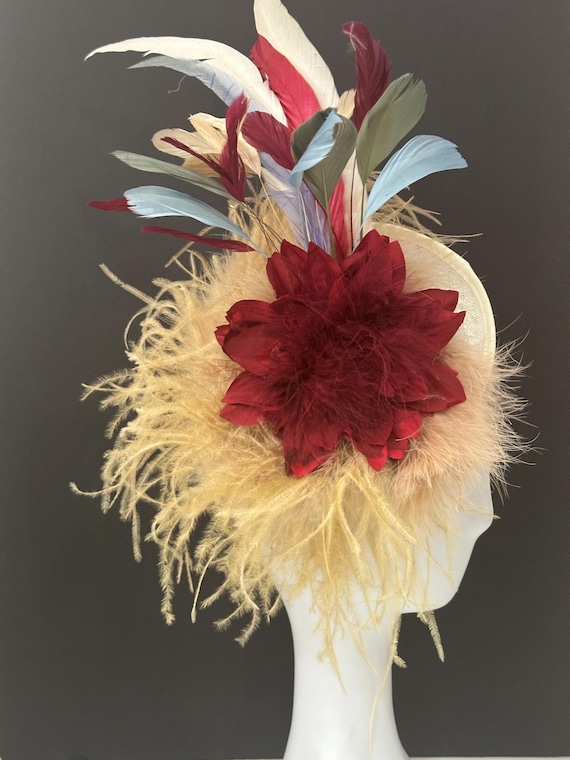Burgundy Beige Fascinator Hat, Beige Red Wine Feather Hat, Church Derby Fascinate Hat,Fall Wedding Burgundy Wine Khaki Beige Fascinator Hat,