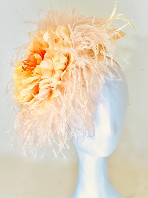 Kentucky Derby Hat Fascinate, Champagne Coral Blush Kentucky Derby Hat, Champagne Feather, Coral Blush Peach Ivory Hat,Big Derby Fascinate