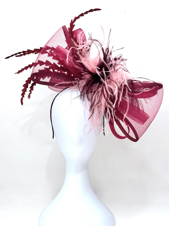 Bow Fascinator Hat, Feather Bow Fascinator Headband, Red Wine Dusty Rose Bow Fascinate ,Green Pink Bow Fascinator Hat, Wedding Bow Fascinate