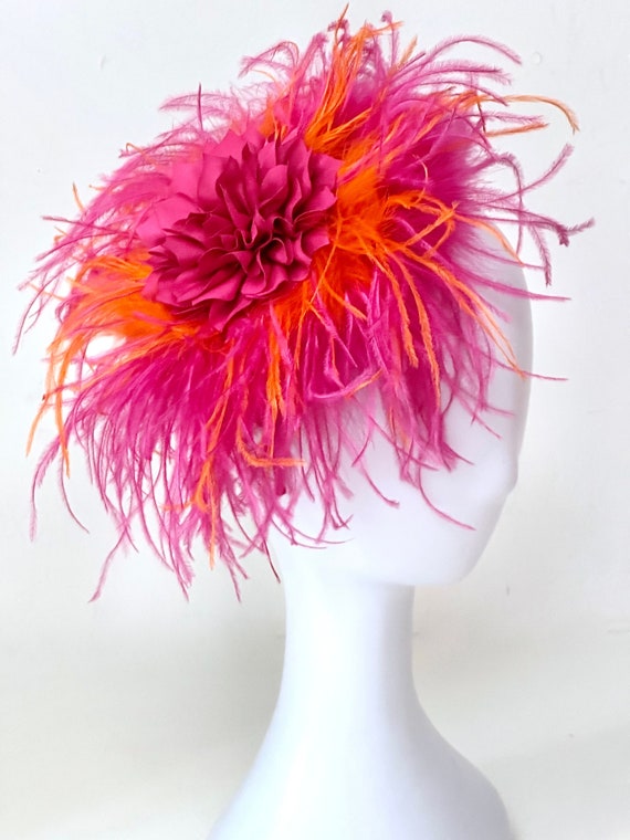 Pink Orange Feather Fascinator Hat, Kentucky Derby Fascinator Hat, Feather Fascinator,Pink Green, Pink Orange, Custom Feather Fascinator Hat