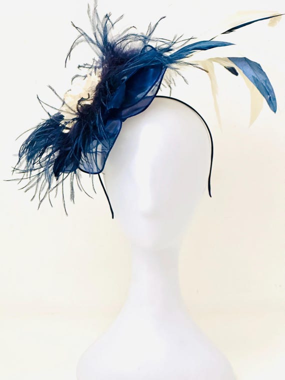 Navy Ivory Fascinator Hat, Navy Blue Derby Fascinator Hat, Navy Feather Fascinator Hat, Church Hat, Wedding Fascinate  Hat, Navy White Hat