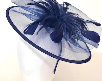 Kentucky Derby Fascinator Headband, Navy,Pink, Green Feather Hat, High Tea Hat, Pink, Navy, Black Fascinator Hat, Church Hat