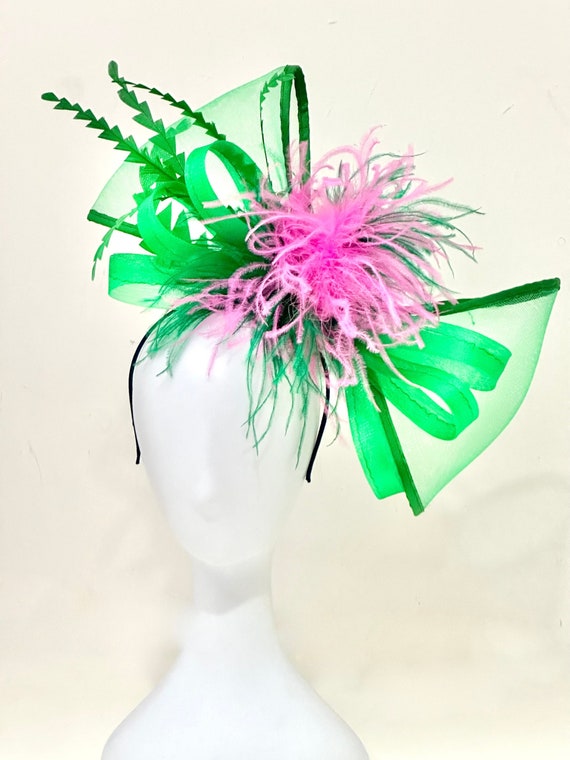 Pink Green Kentucky Derby Hat Fascinator Headband, Green Pink Derby Hat, Church Feather Hat, Big Bow Kentucky Derby Fascinator Hat