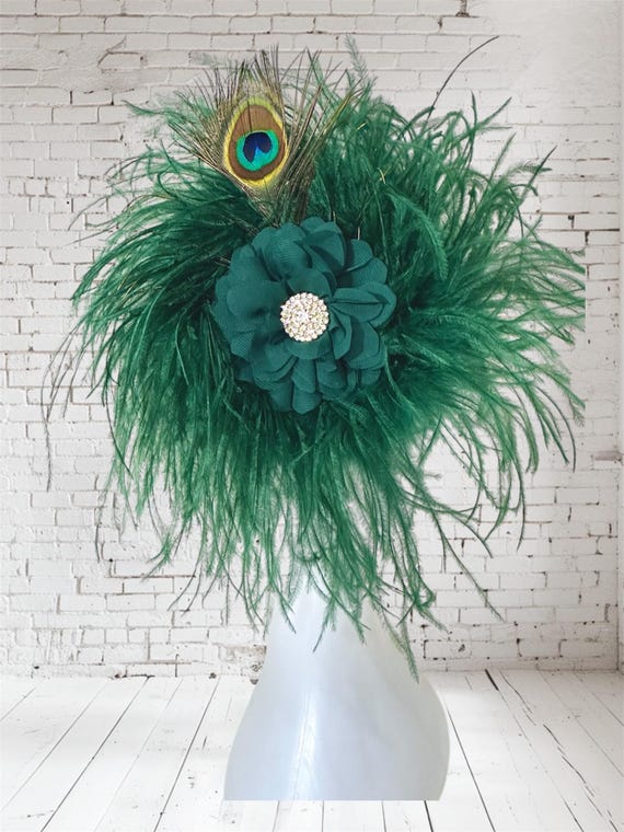 Green Feather Fascinator Hat, Peacock Feather Fascinator: Dark Green Feather, Chiffon Flower, Crystal Fascinator Hat, Church Wedding Hat,
