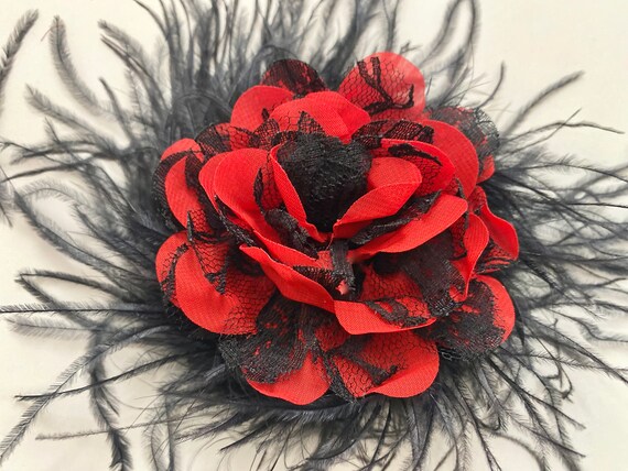 Red Black Lace Hairpiece, Red Black Feather Dance Costume Feather Clip, Black Red Hair Clip, Dance Costume hairpiece, Red Black