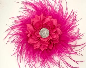 Big Flower Feather Brooch Pin, Oversized Feather Brooch, Flower Feather Clip, Wedding Bridal Brooch Clip, Ostrich feather Boutonniere, Pink