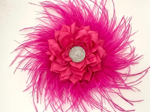 Pink Flower Brooch Boutonniere, Oversized Feather Brooch, Flower Feather Clip, Wedding Bridal Brooch Clip, Ostrich feather Boutonniere