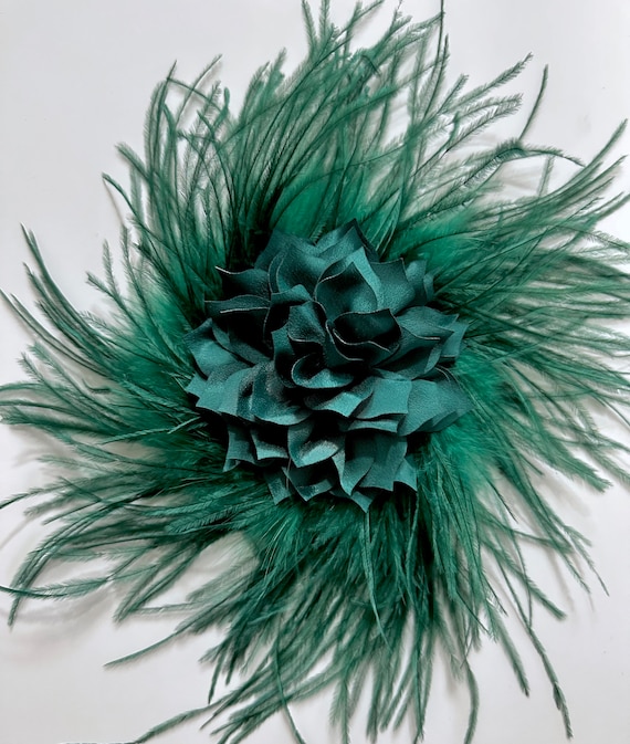 Dark Green Feather Hair Clip, Flower Feather Clip,Deep Green, Red, White, Feather Hairpiece, Wedding Bridal Flower Clip, Custom Feather Clip