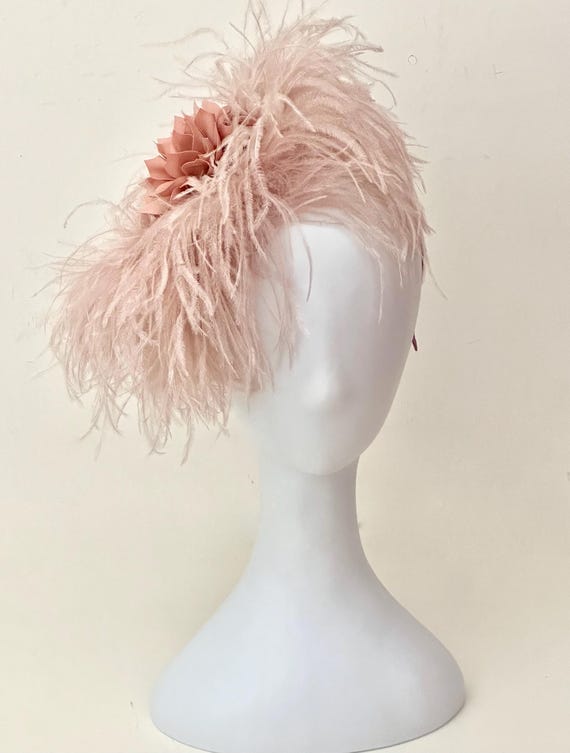 Feather Fascinator Hat, Blush Dusty Rose Beige Feather Fascinator Hat, Derby Fascinator Hat, Custom Ostrich Feather Church Wedding Fascinate