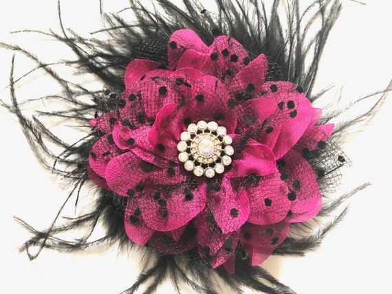 Plum Black Lace Hair Clip, Deep Pink Clip,Fuchsia Hair Clip, Hot Pink Clip,Black Lace Mesh Clip, Dance Costume Hair Clip, 3D Flower Clip