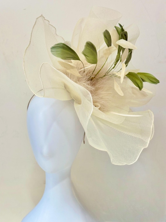 Green Beige Kentucky Derby Fascinator Hat,Big Sheer Derby Hat, Green Beige Orange Pink Navy Derby Fascinator Hat,  Church Derby Hat Wedding