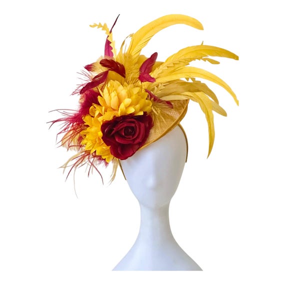 Gold and Wine Fascinator Hat, Burgundy Gold Fascinator Hat, Ostrich Feather 3DFascinator Hat, Church Wedding Hat, Garden Tea Party Hat