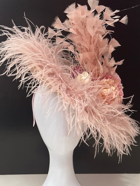 Couture Derby Hat, Feather Hat, Kentucky Derby Fascinator Hat, Dusty Rose Derby Fascinate, Church Wedding Tea Party  Hat, Ready to Ship Free