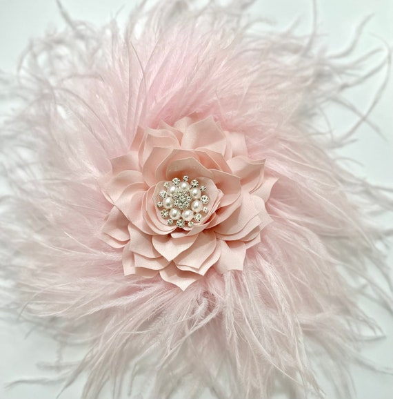 Blush Pink Feather Flower Hairpiece, Kentucky Derby Fascinate Hat, Pale Pink, White, Ivory Creme Feather Clip, Wedding Bridal Headpiece