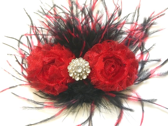 Red Black Feather Clip, Burlesque Hair piece, Dance Costume, Black Red Feather Hair Clip, Red and Black Feather Hair Clip, Custom Hair clip