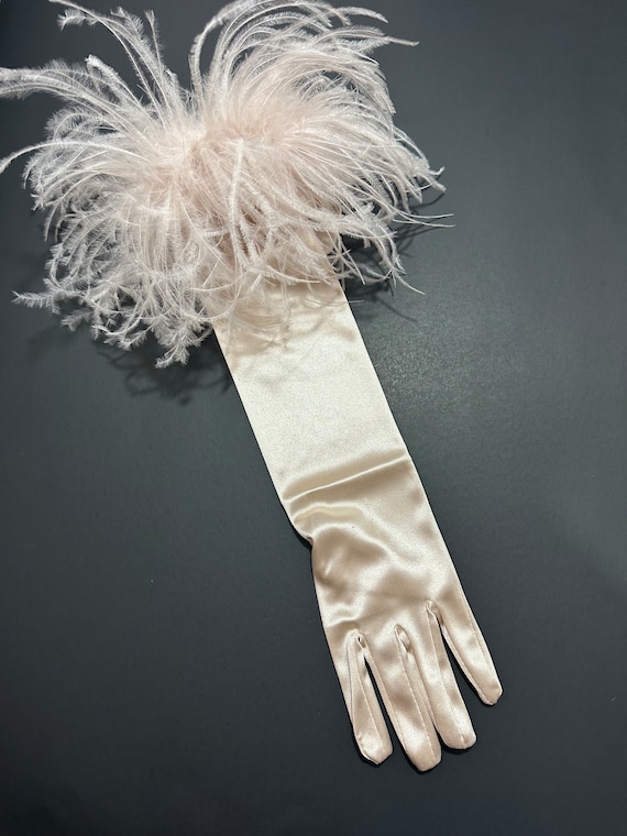 Champagne Opéra Gloves With Ostrich Feather Elbow Cuffs, Wedding