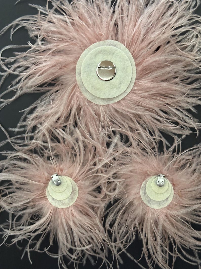 May include: Three pale pink ostrich feather accessories with circular felt backings. The largest piece features a silver-toned pin closure, while the two smaller pieces are equipped with silver-toned metal alligator clips for secure attachment.