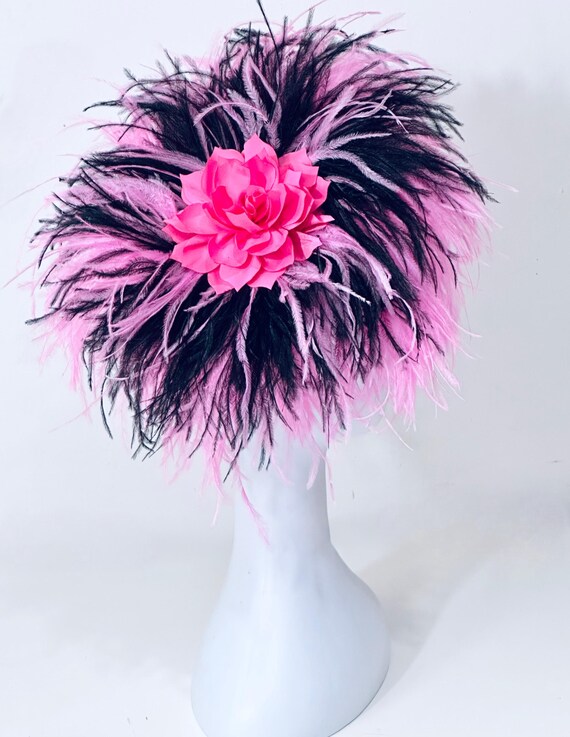 Pink and Black Feather Fascinator Hat, Black Feather Pink Feather Custom Feather Hat, Bespoke Headband