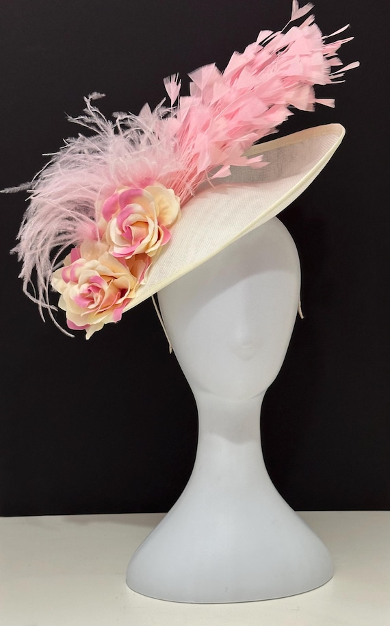 Pink Light Pink Fascinator Hat, Pink Feather Derby Fascinator Hat, Church Wedding Fascinator Hat, Ivory  Pink Flower Feather Fascinate Hat
