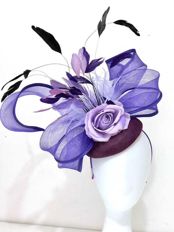 Purple Lavender Fascinator Hat, Purple Black Feather Kentucky Fascinator Hat, Wedding Fascinator Hat, Church Derby Hat, Tea Party Hat