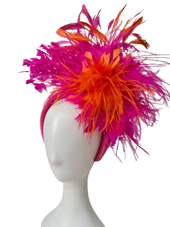 Orange Pink Feather Fascinator Hat, Pink Orange Kentucky Derby Hat,  Orange Pink Derby Fascinator Hat Church Wedding Garden Party Hat