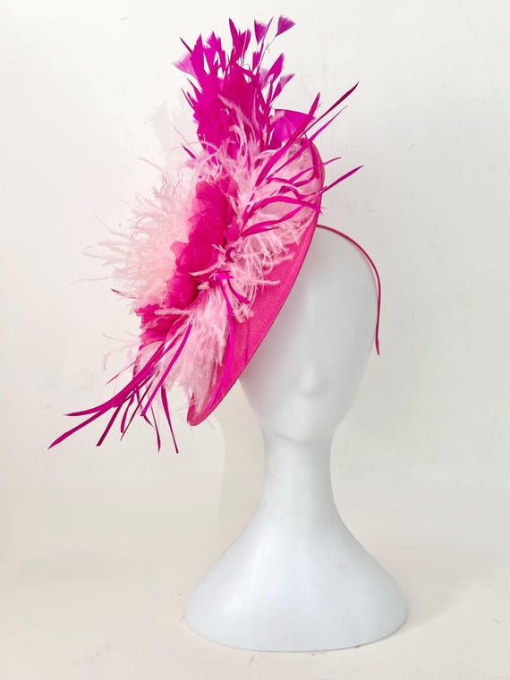 Hot Pink Feather Flower Derby Fascinator Hat, Kentucky Tea Party Headband