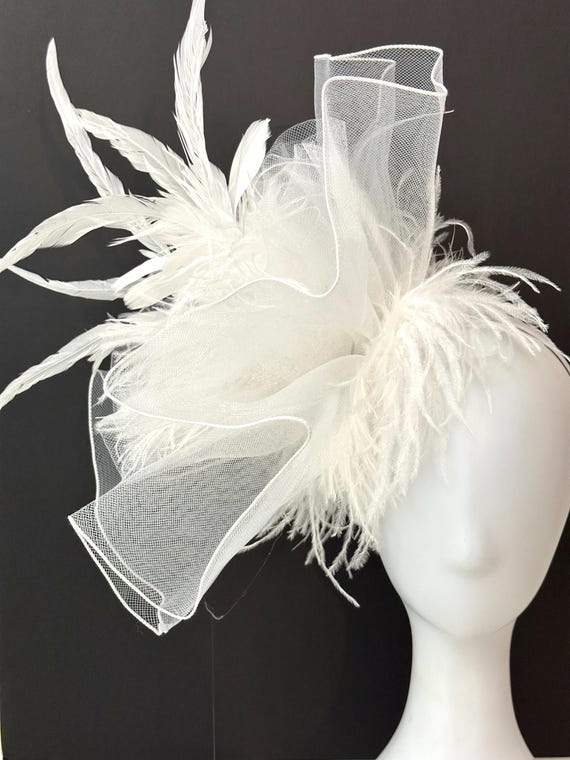 White Fascinator hat, Big Kentucky Derby Fascinator Hat, Big Le diner en Blanc Wedding Fascinator, Feather Fascinator, Garden Tea Party Hat,