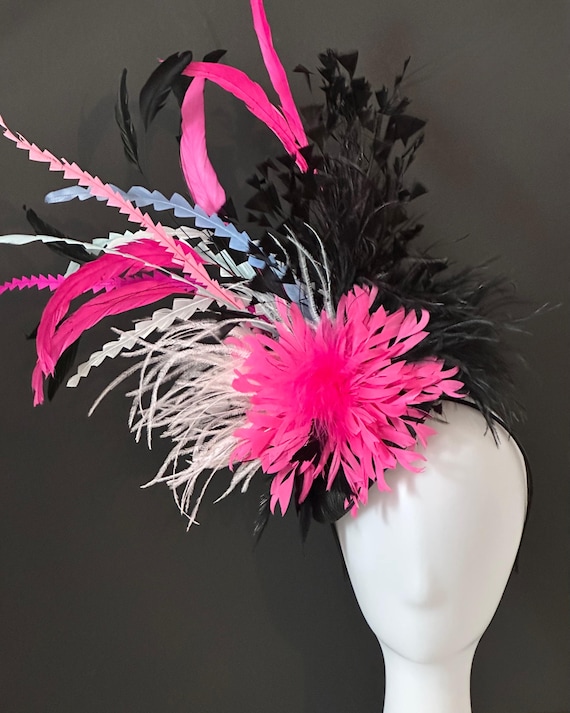 Pink Blue Black Derby Fascinator Hat, Kentucky Derby Hat, Black Pink Blue Feather Derby Hat, Church Wedding Fascinate, Garden Tea Party Hat