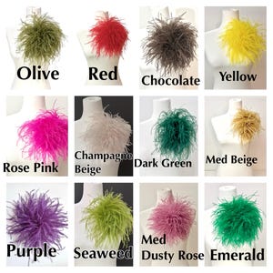 May include: A collection of feather embellishments in various colors, including olive, red, chocolate, yellow, rose pink, champagne beige, dark green, med beige, purple, seaweed, med dusty rose, and emerald. Each is displayed on a mannequin.