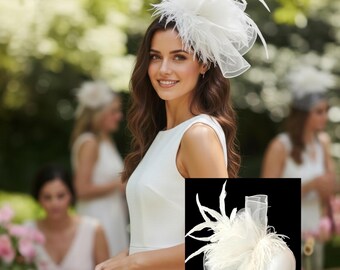 White Sinamay Fascinator: Feather Flower Hatinator, Bridal  display picture 3