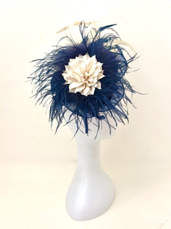 Navy Ivory Fascinator Hat, Navy Blue Derby Fascinator Hat, Navy Feather Fascinator Hat, Church Hat, Wedding Fascinate  Hat, Navy White Hat