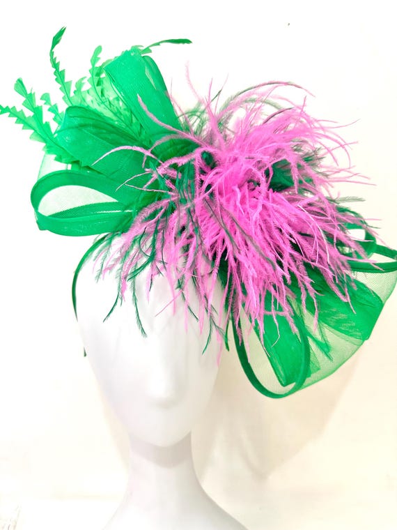 Pink and Green Bow Fascinator Hat, Pink Green Kentucky Derby Fascinator,Wedding Bow Fascinator, Tea PartyHat, Custom Feather Bow, Pink Green