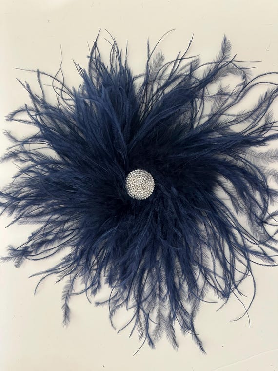 Navy Feather Crystal Brooch Pin, Feather Brooch Pin, All colors, Ostrich Feather Brooch, Dance Burlesque, Red, Green, Navy, Bright Pink