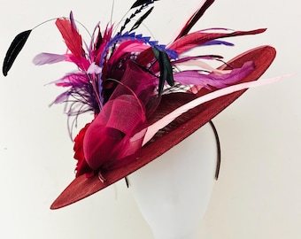 Burgundy Wine Fascinator Hat: Big Derby Fascinator Hat, Red Wine Pink Black Feather Fasciantor Hat, Church Wedding Hat, Rose Derby Hat