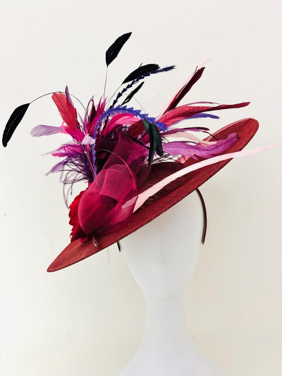 Burgundy Red Wine Fascinator Hat: Feather & Rose Derby Hat