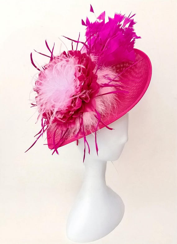 Pink Hot Pink Fascinator Hat, Hot Pink Feather Derby Hat, Wedding Fascinate Hat, Pink Church Wedding Hat, Garden Tea Party Hat Fascinator