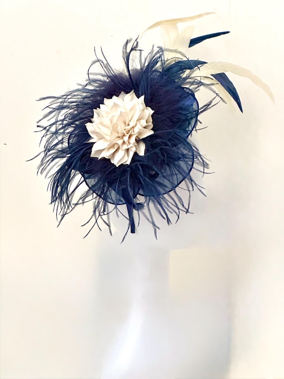 Navy Ivory Fascinator Hat, Navy Blue Derby Fascinator Hat, Navy Feather Fascinator Hat, Church Hat, Wedding Fascinate  Hat, Navy White Hat