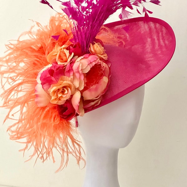 Pink Orange Kentucky Derby Fascinator Hat, Church Derby Hat, Wedding Hat High Tea Party Garden Hat, Custom Derby Fascinator Hat