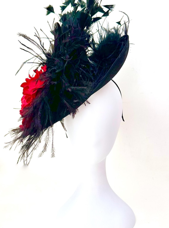 Black and Red Fascinator Hat, Black Feather Fascinator, Derby Fascinator Hat, Red Rose Church Wedding Derby Fascinator Hat for Women, Custom