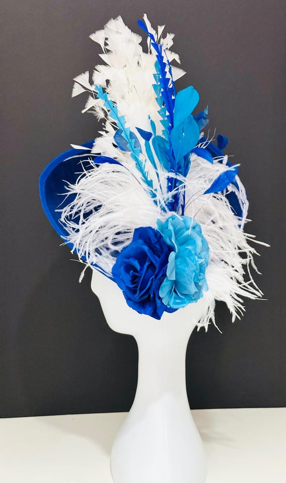 Royal Blue White Derby Fascinator Hat, Light Blue Royal Blue Derby Fascinate Hat, Blue Church Hat, Wedding Mother of the Bride Tea Party Hat