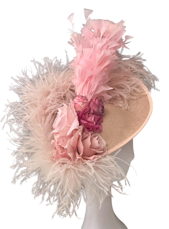 Pink Dusty Rose Beige Kentucky Derby Fascinator Hat, Feather Derby Fascinator Hat, Dusty Rose Beige Feather Fascinator Garden Tea Party Hat,