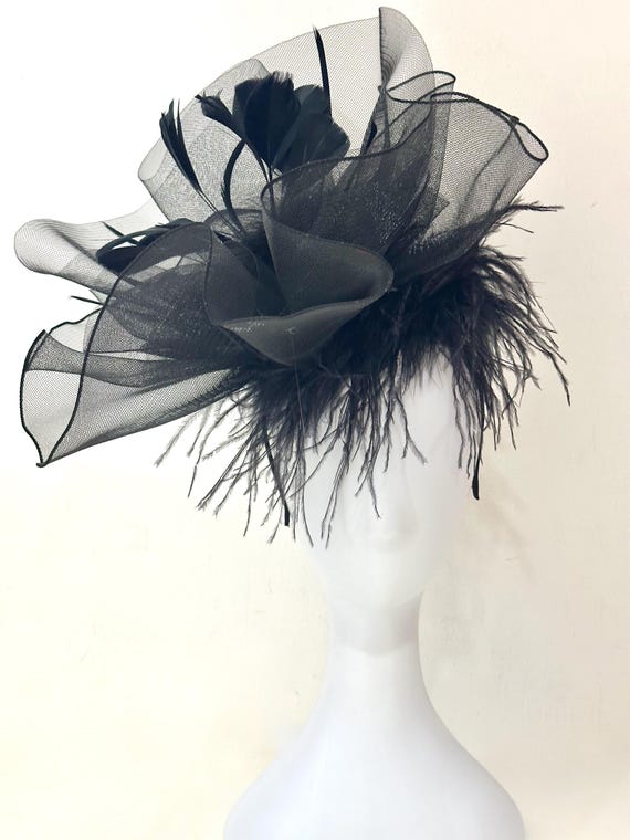 Black Feather Fascinator Hat, Black Feather Hat, Sheer Black Ostrich Feather Fascinate Hat, Wedding  Fascinator Hat, Modern Chic Church Hat