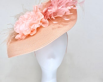 Coral Blush Kentucky Derby Hat Fascinator, Coral Peach Big Kentucky Derby Hat, Church Derby Hat, Wedding Fascinator Hat