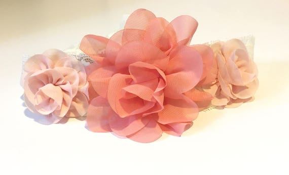 Blush Flower Headband, Coral Blush Headband, Ivory Lace Hair Tie Headband, Spring Coral Lace Hair Tie Back, Blush Coral Chiffon Flower