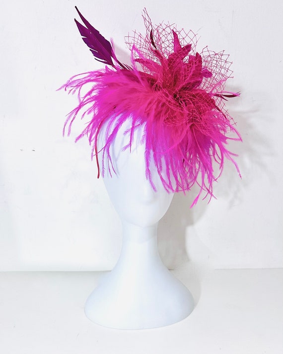 Pink Hot Pink Kentucky Derby Fascinator Hat Headband, High Tea Hat, Kentucky Derby Hat, Hot Pink Feather Fascinator Hat Headband